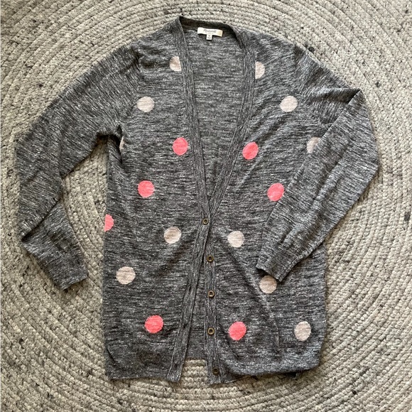Madewell Grey & Pink Polka Dot Button-Up Metal Button Sweater size Medium in EUC - Picture 2 of 4